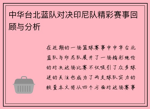 中华台北蓝队对决印尼队精彩赛事回顾与分析